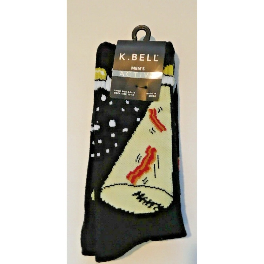 NWT K. BELL BLACK UFO Bacon Abduction Men's Active Crew Socks Shoe Size 6.5-12
